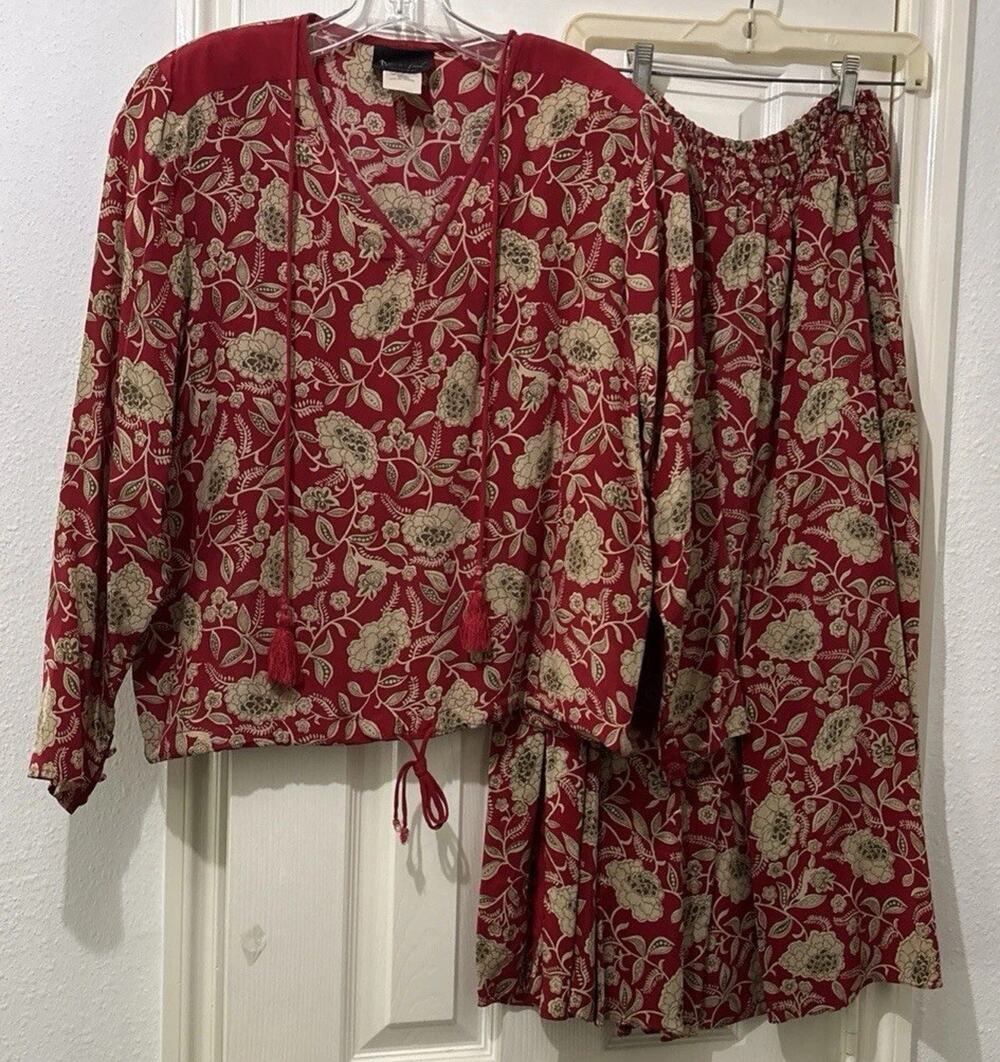 Vintage Diane Freis Original Silk 2 Piece Set Red Floral Print Tassels Size M